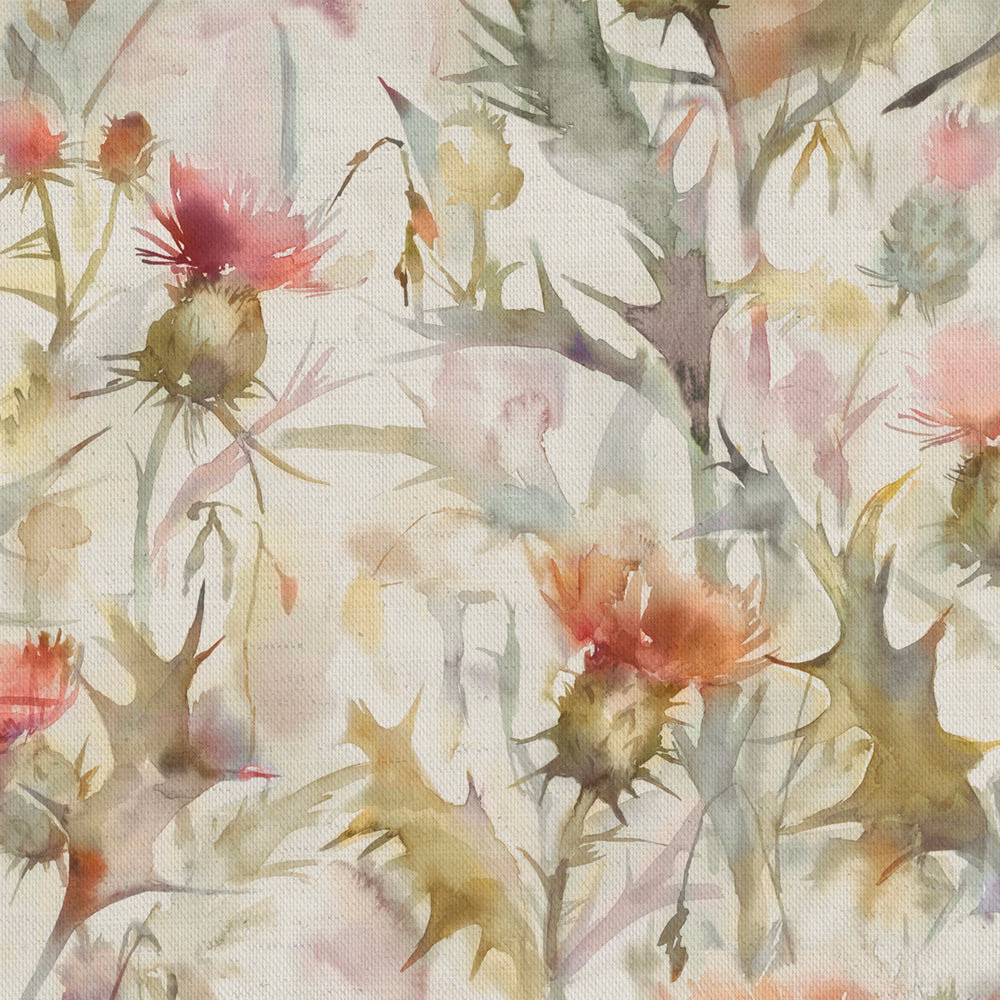 Painterly thistle print in muted orange, blush and sage on a pale ground