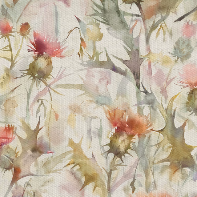 Painterly thistle print in muted orange, blush and sage on a pale ground