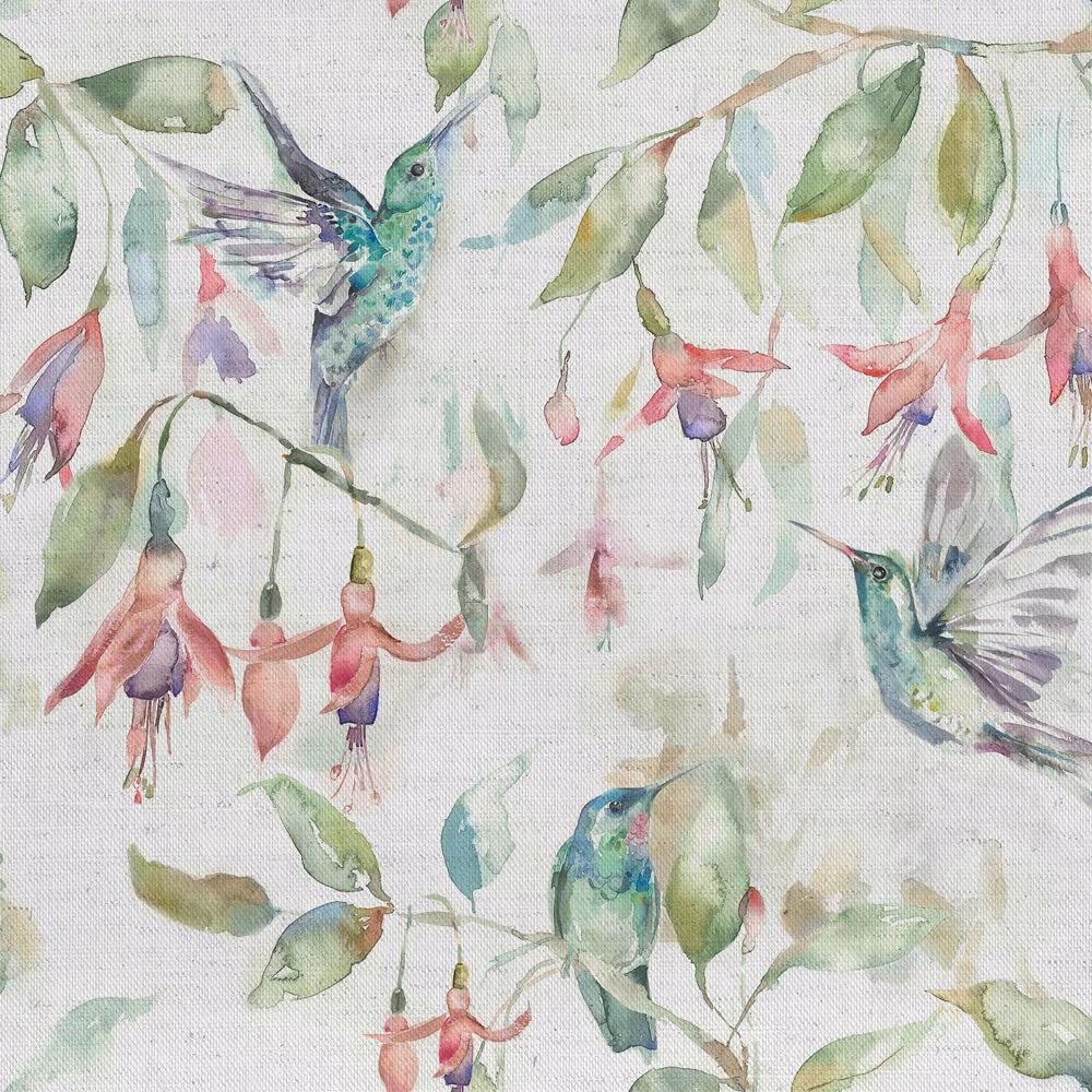 Watercolour hummingbirds and hanging flowers on a pale green botanical fabric