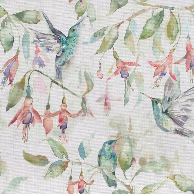 Watercolour hummingbirds and hanging flowers on a pale green botanical fabric