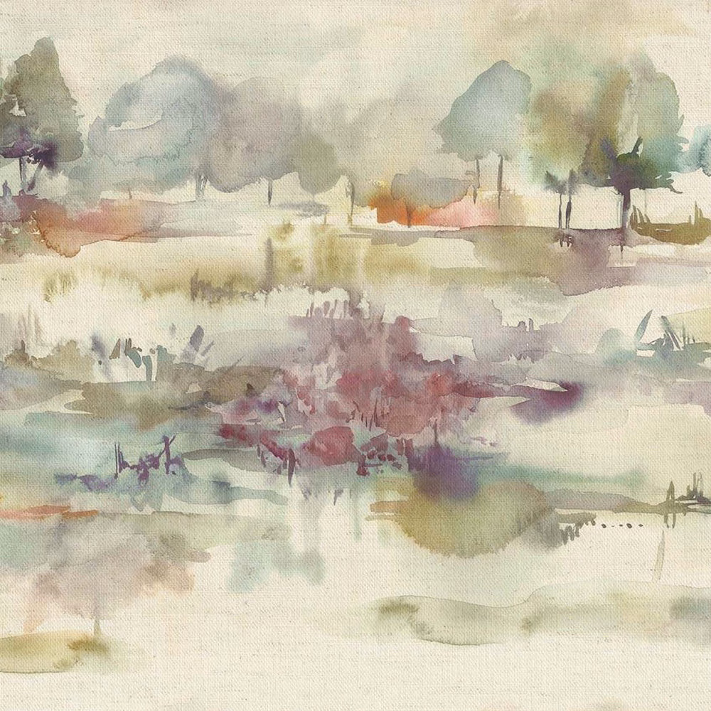 Painterly watercolour landscape fabric in muted sage green, taupe and plum