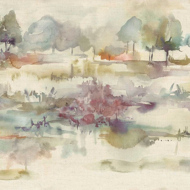 Painterly watercolour landscape fabric in muted sage green, taupe and plum