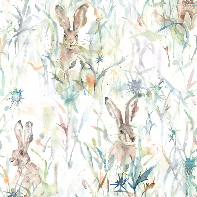 Watercolour rabbits and meadow grasses on a pale misty green fabric ground