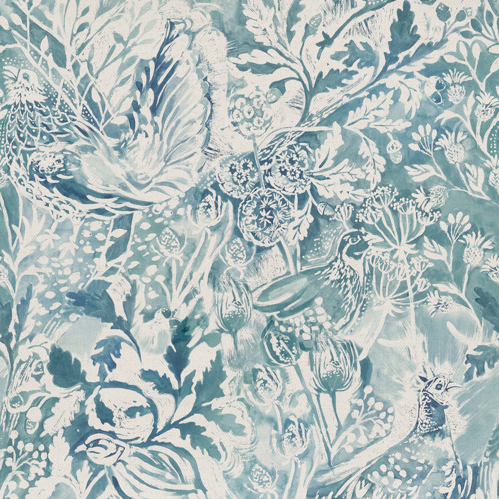 Painterly botanical fabric in soft teal blue with cream foliage and bird motifs
