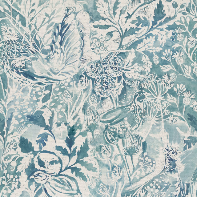Painterly botanical fabric in soft teal blue with cream foliage and bird motifs