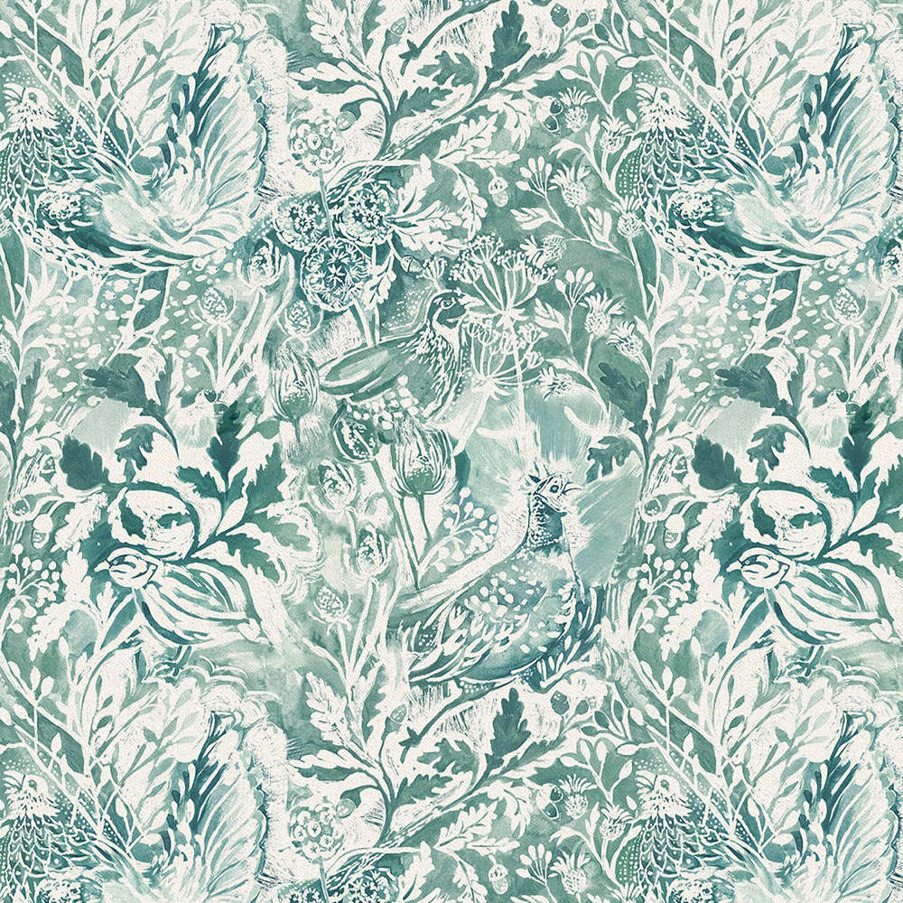 Botanical green fabric with birds, leaves and flowers on a pale ground