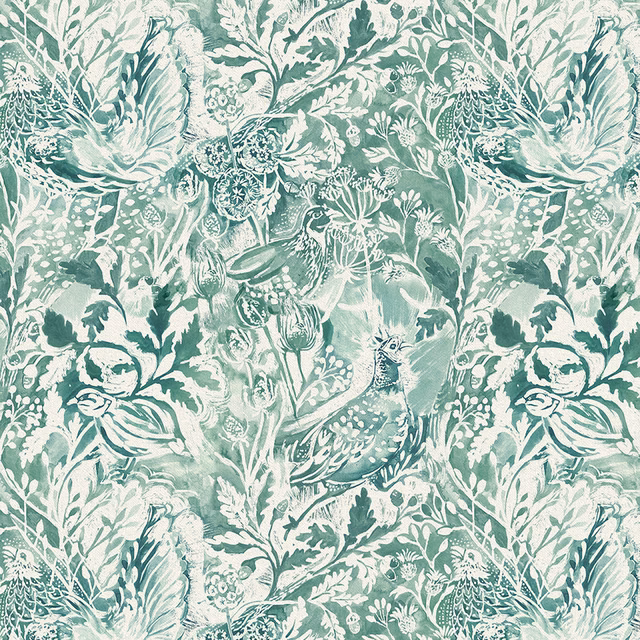 Botanical green fabric with birds, leaves and flowers on a pale ground