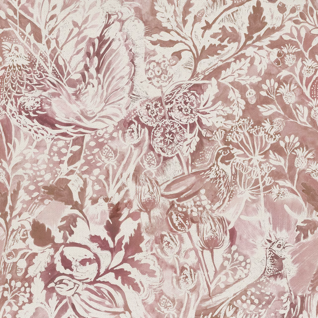 Painterly pink botanical fabric with ivory leaves, flowers and bird motif