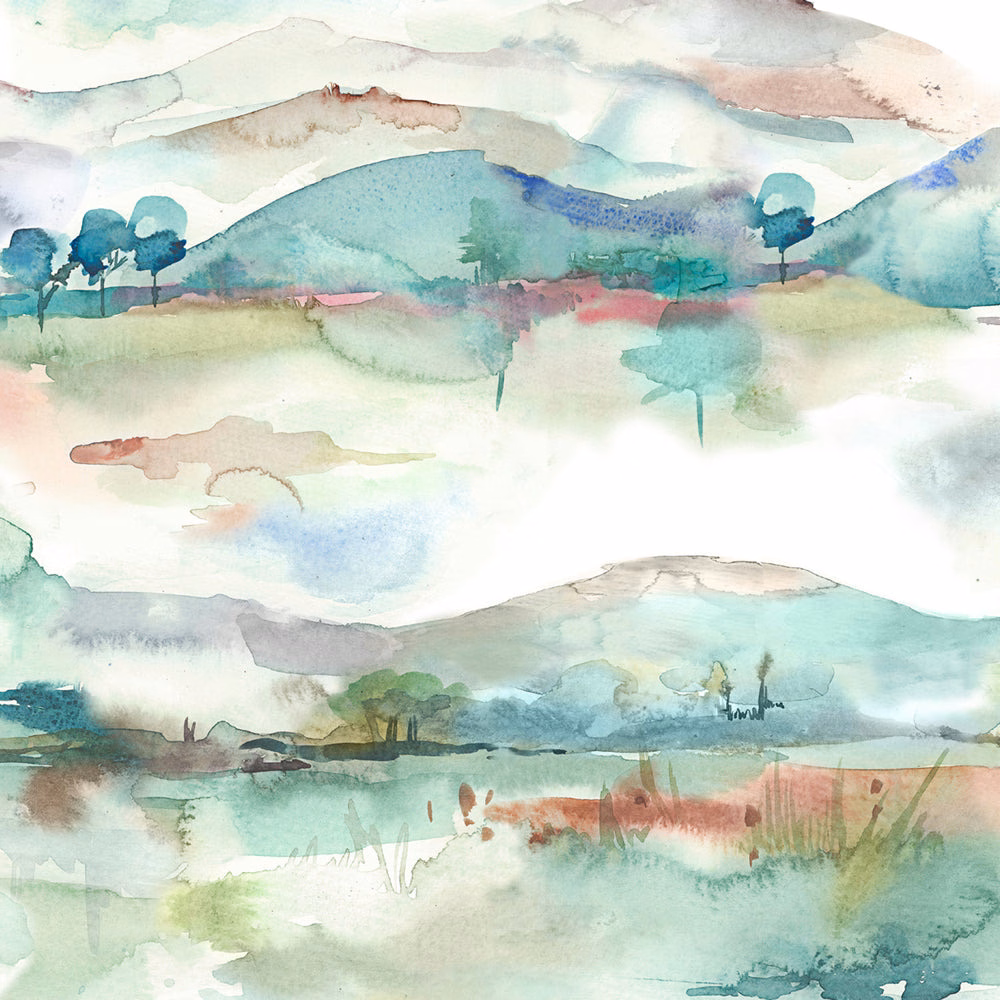 Watercolour landscape fabric in pale beige, sage and aqua with misty hills