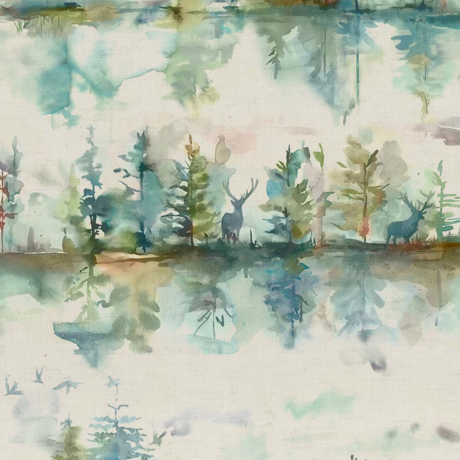 Watercolour woodland fabric with deer, trees and misty green washes