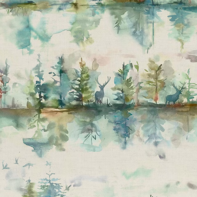 Watercolour woodland fabric with deer, trees and misty green washes