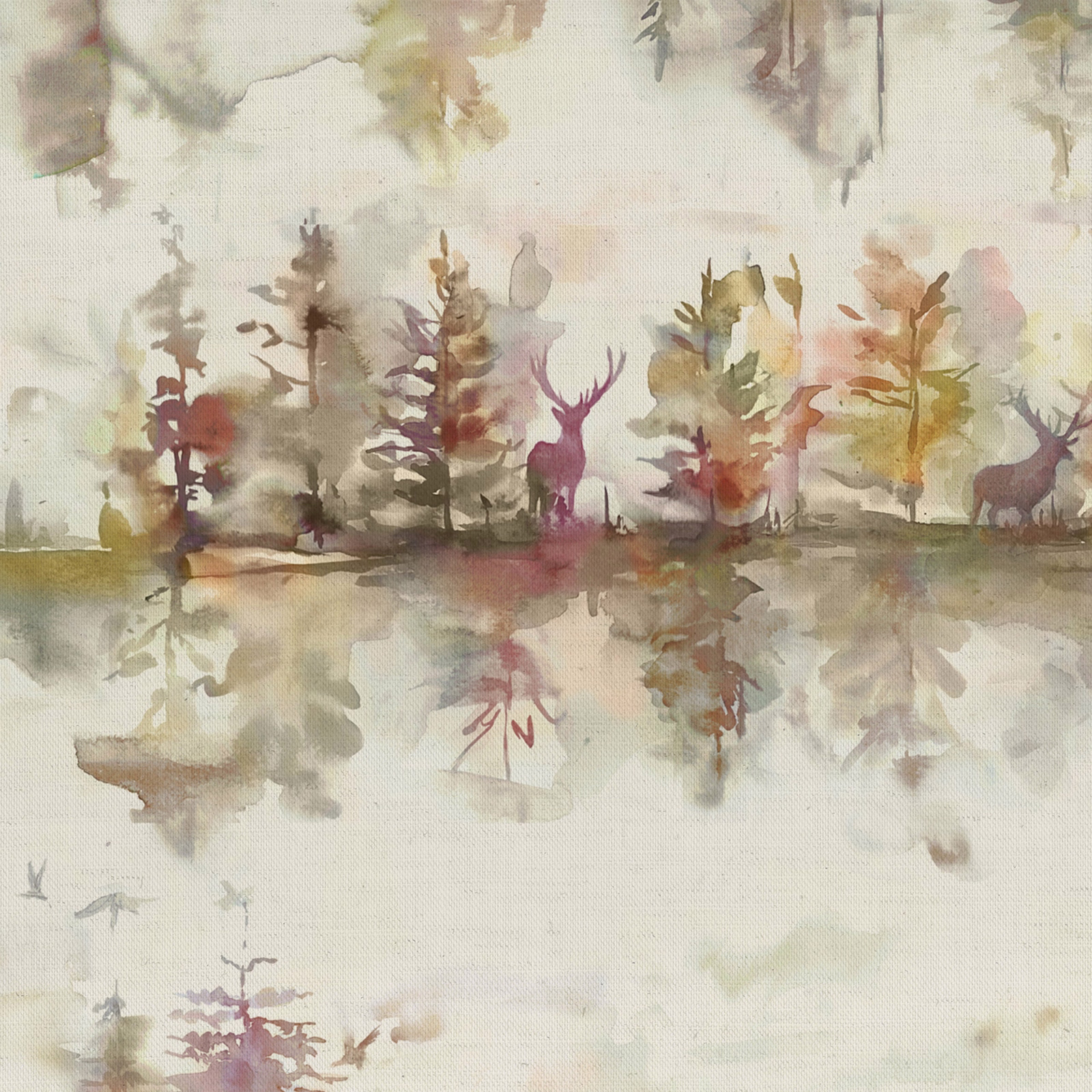 Painterly woodland fabric with muted purple deer and trees on an ivory ground