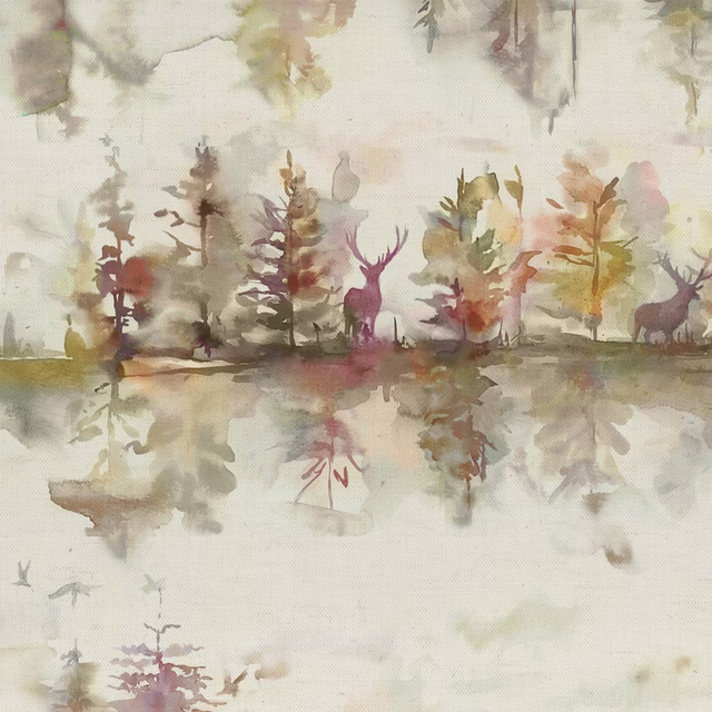 Painterly woodland fabric with muted purple deer and trees on an ivory ground