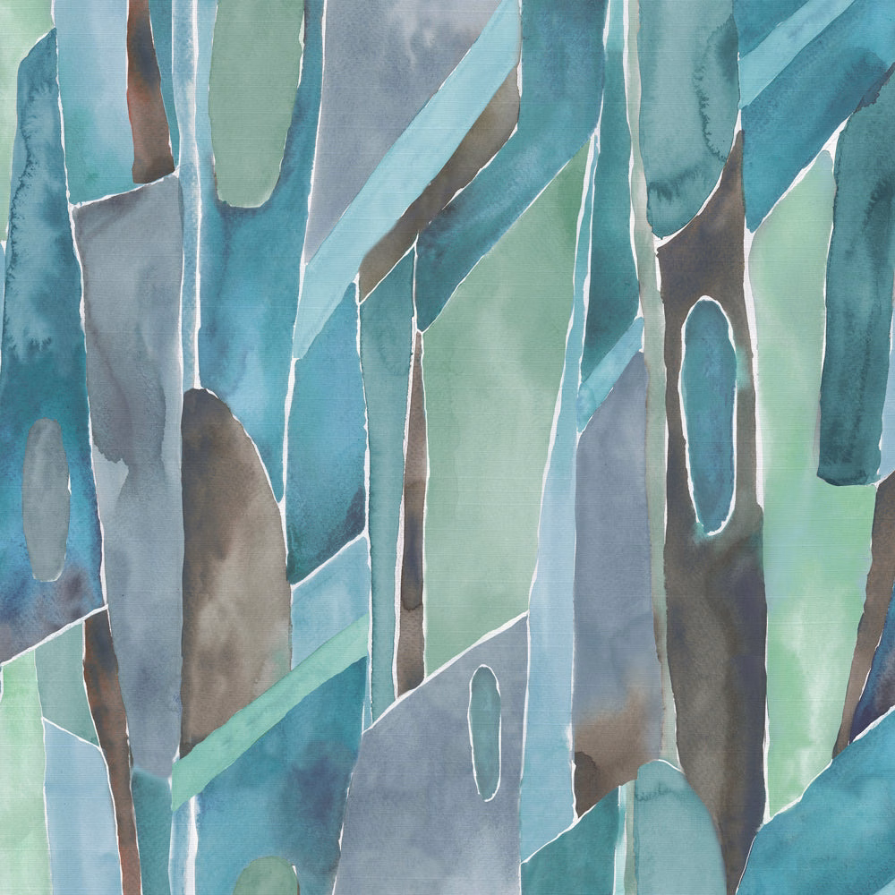 Abstract teal and blue fabric swatch with tall painterly shapes and pale outlines