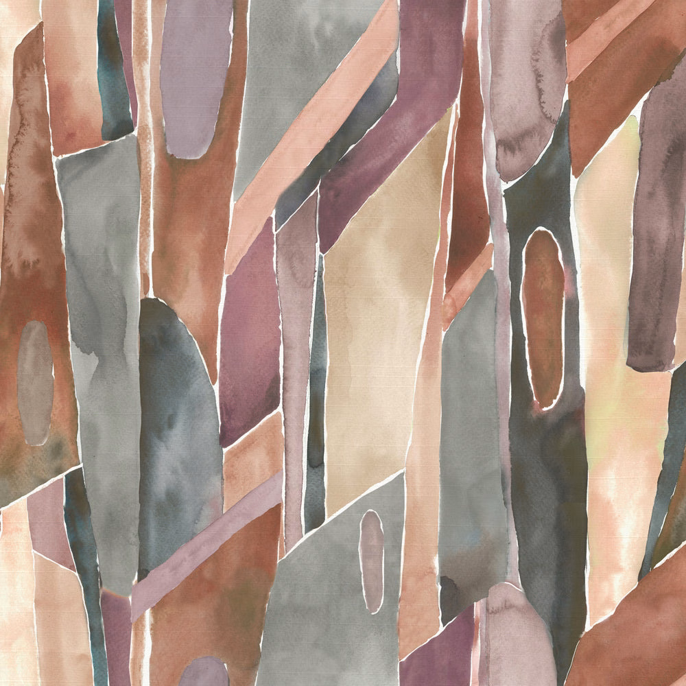 Abstract vertical fabric design in muted orange, mauve, sage and stone tones