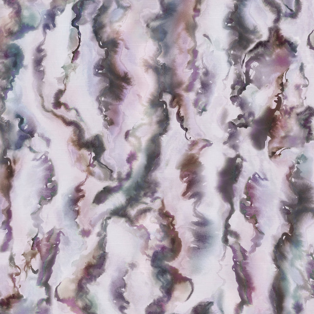 Abstract fabric swatch with watery lilac, plum and grey vertical ruffles