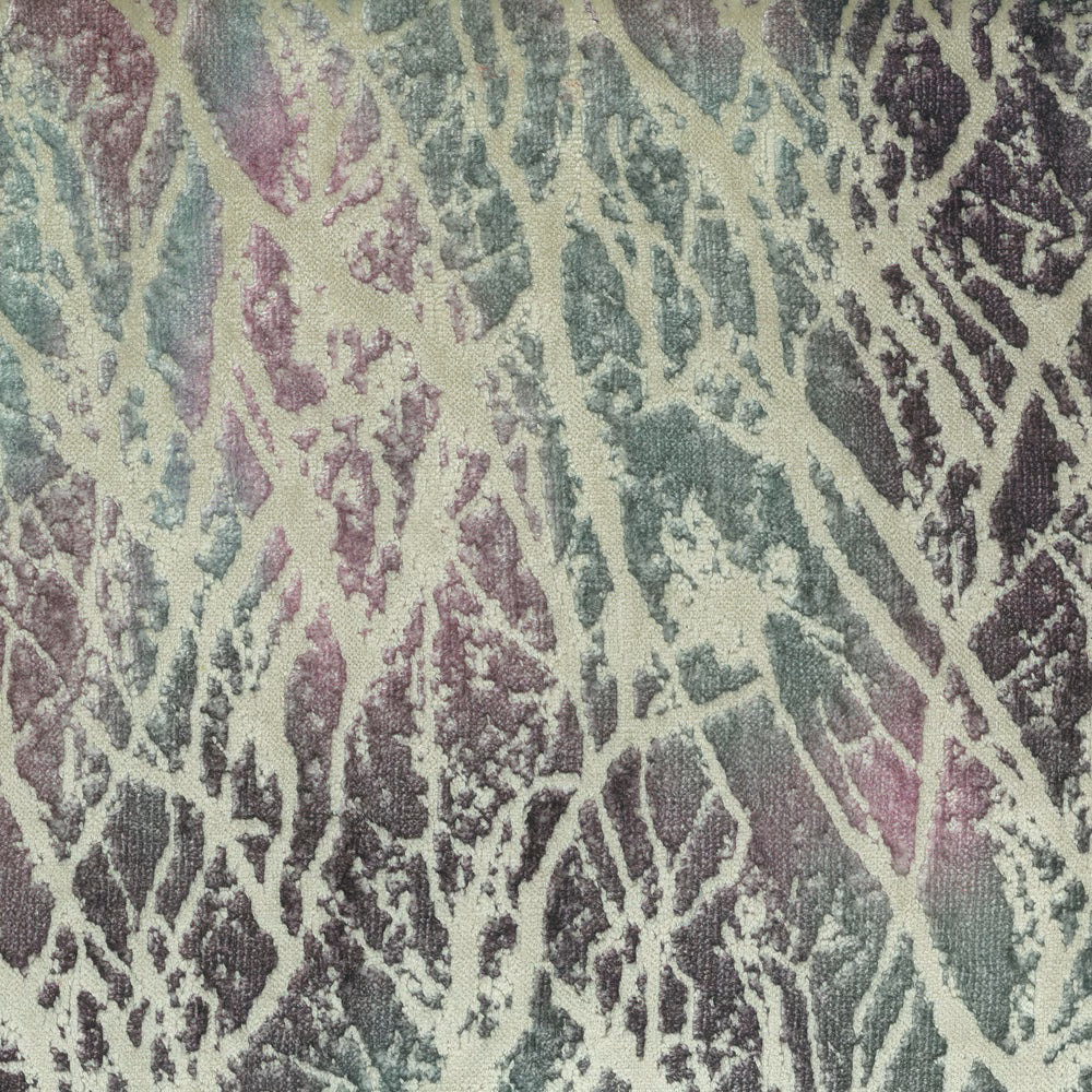 Abstract purple, sage and plum leaf-like pattern on a pale woven fabric swatch