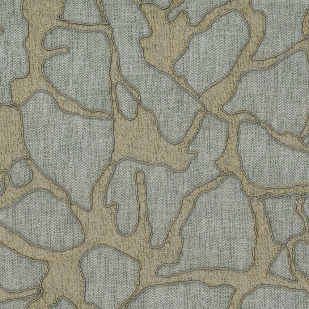 Abstract beige embroidery on a muted grey-beige woven fabric swatch