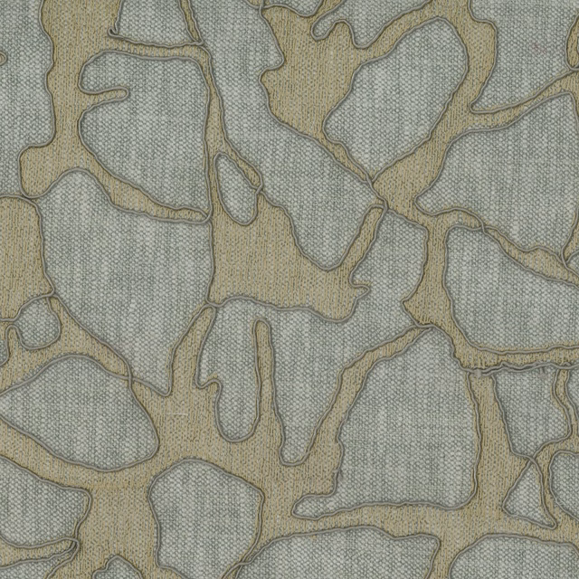 Abstract beige embroidery on a muted grey-beige woven fabric swatch