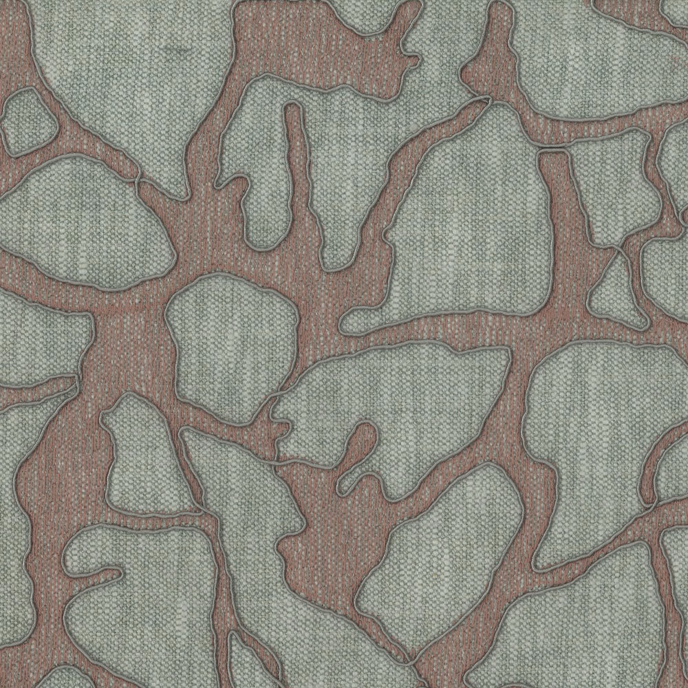 Abstract fabric swatch with sage ground and dusty coral embroidered outlines