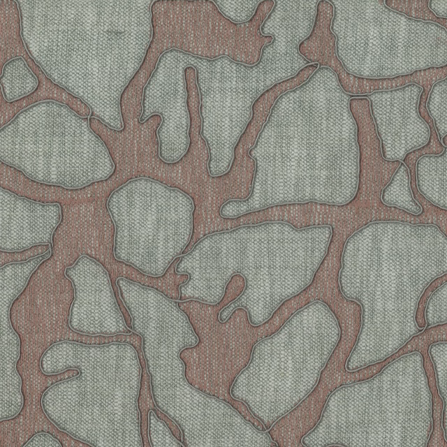 Abstract fabric swatch with sage ground and dusty coral embroidered outlines
