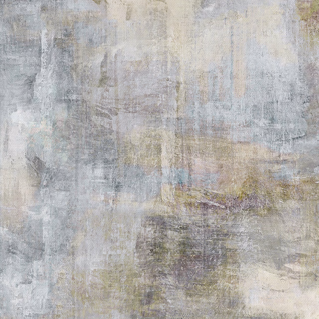 Abstract painterly fabric in misty grey, cream and muted blue brushstrokes