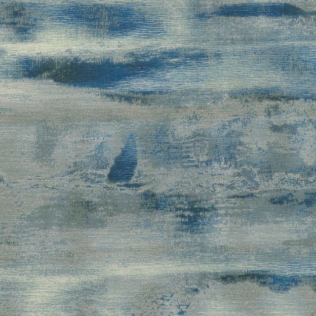 Abstract blue and pale grey woven fabric with cloudy layered brushlike marks