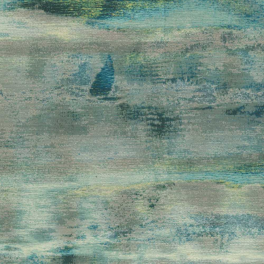 Abstract sage and teal woven fabric with painterly, clouded brush marks