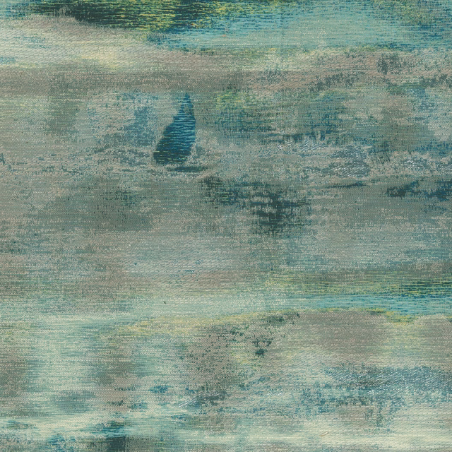 Abstract sage and teal woven fabric with painterly, clouded brush marks