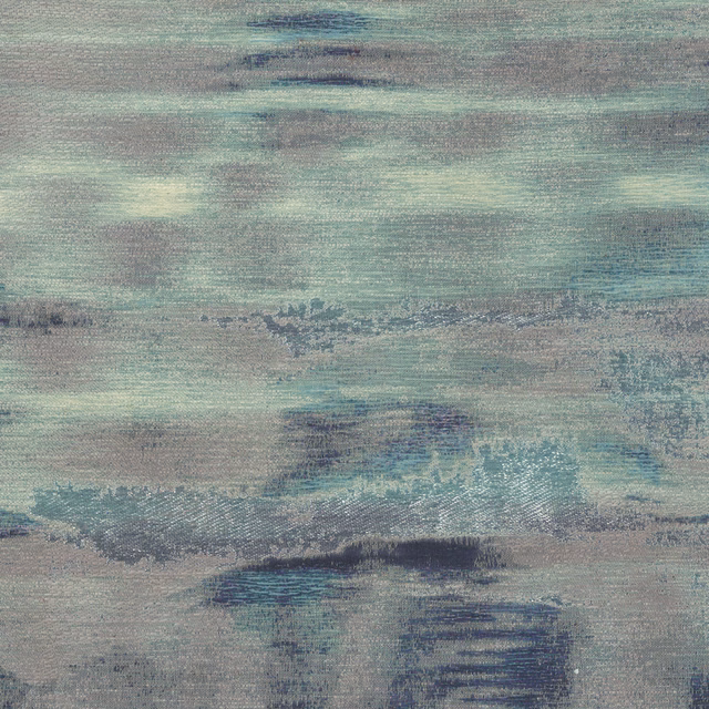 Abstract woven fabric in muted rose pink, grey and teal brushstroke bands