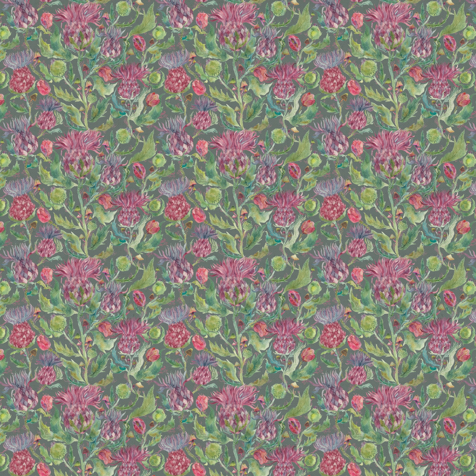 Painterly floral fabric with pink blooms and green foliage on a mossy ground