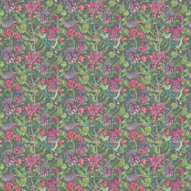 Painterly floral fabric with pink blooms and green foliage on a mossy ground