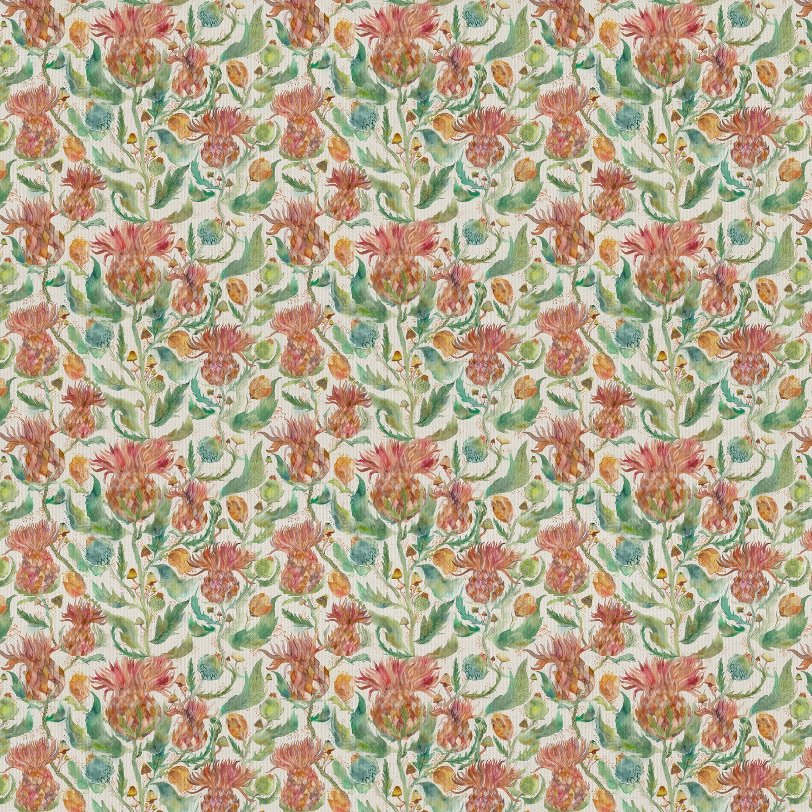Painterly floral fabric with coral orange blooms, sage green leaves and cream ground