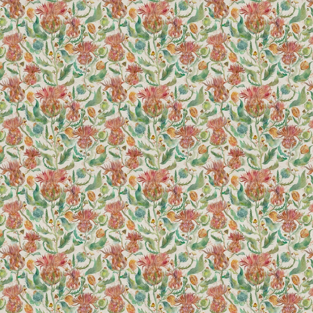 Painterly floral fabric with coral orange blooms, sage green leaves and cream ground