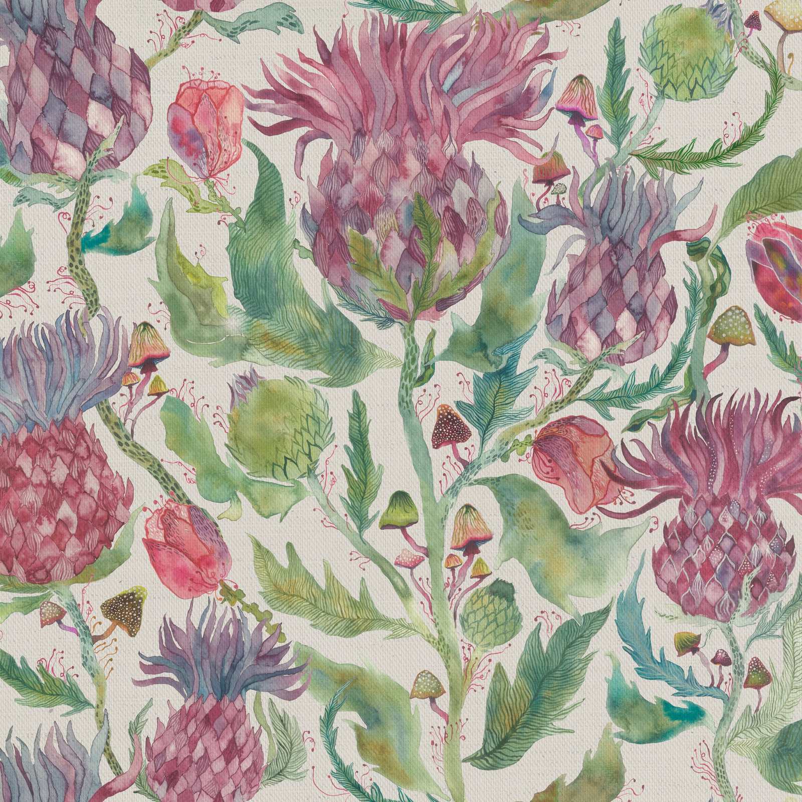 Painterly pink and green botanical fabric swatch with thistles and leaves on a pale ground
