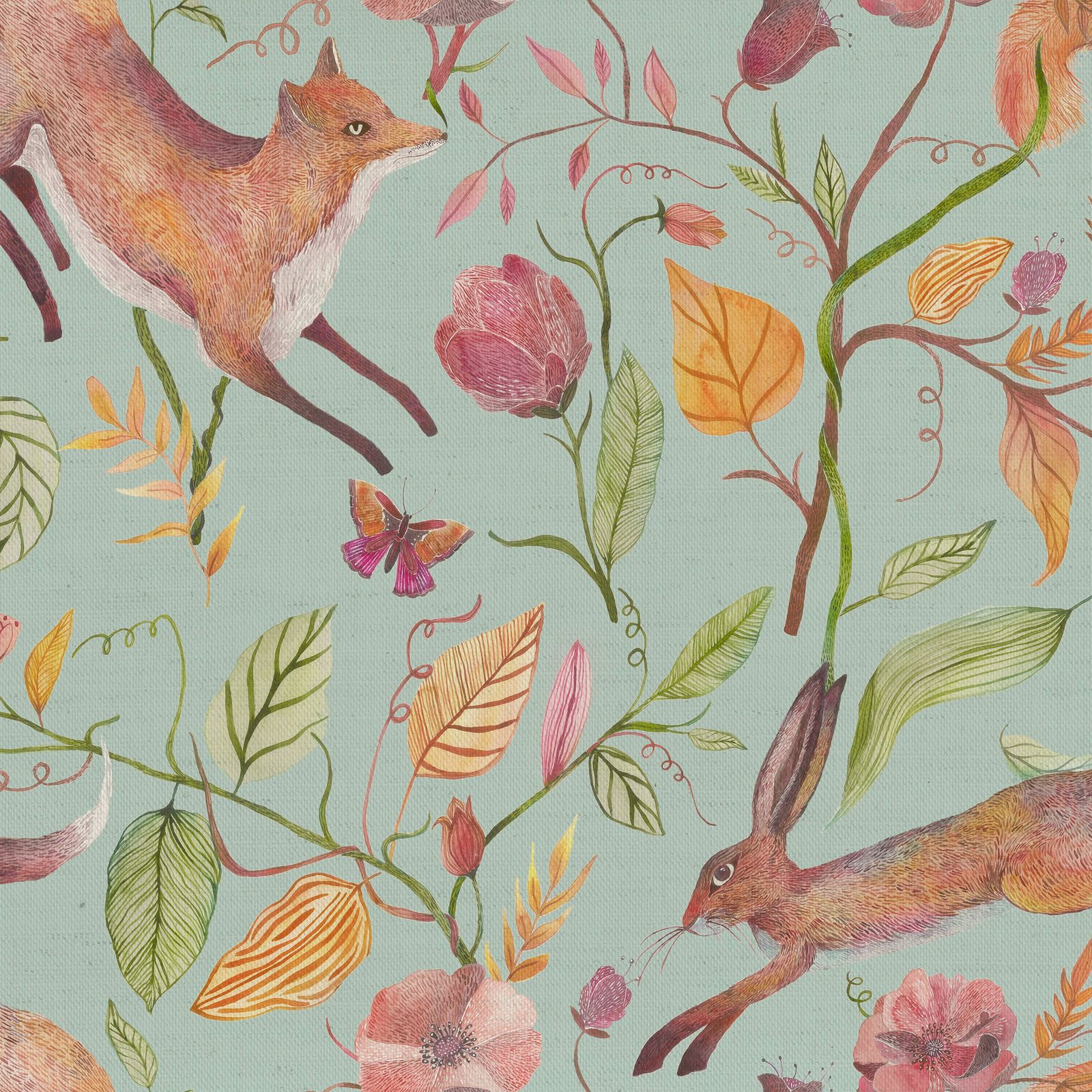 Aqua woodland fabric with leaping hare, fox and scattered leaves