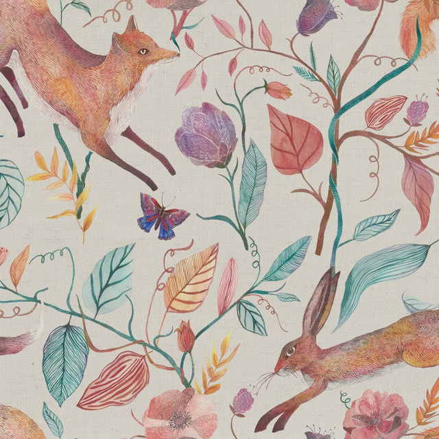 Multicolour woodland print on cream ground with leaping hares, branches and flowers