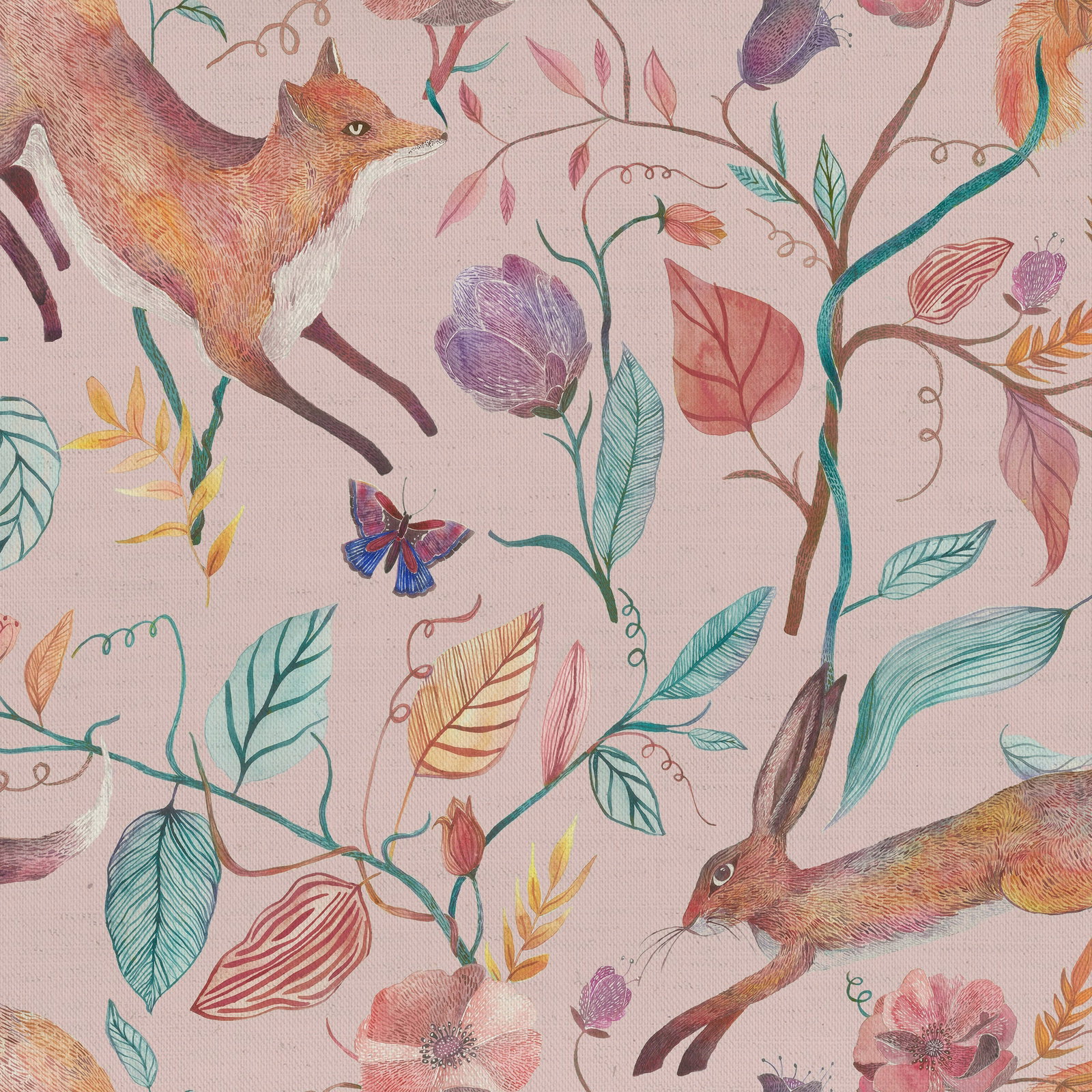 Blush pink printed fabric with hares, foxes, butterflies and leafy woodland branches