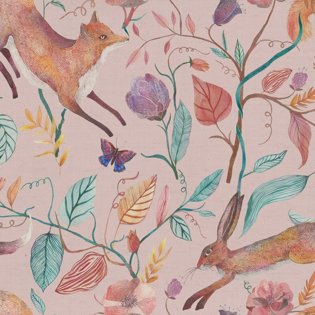 Blush pink printed fabric with hares, foxes, butterflies and leafy woodland branches
