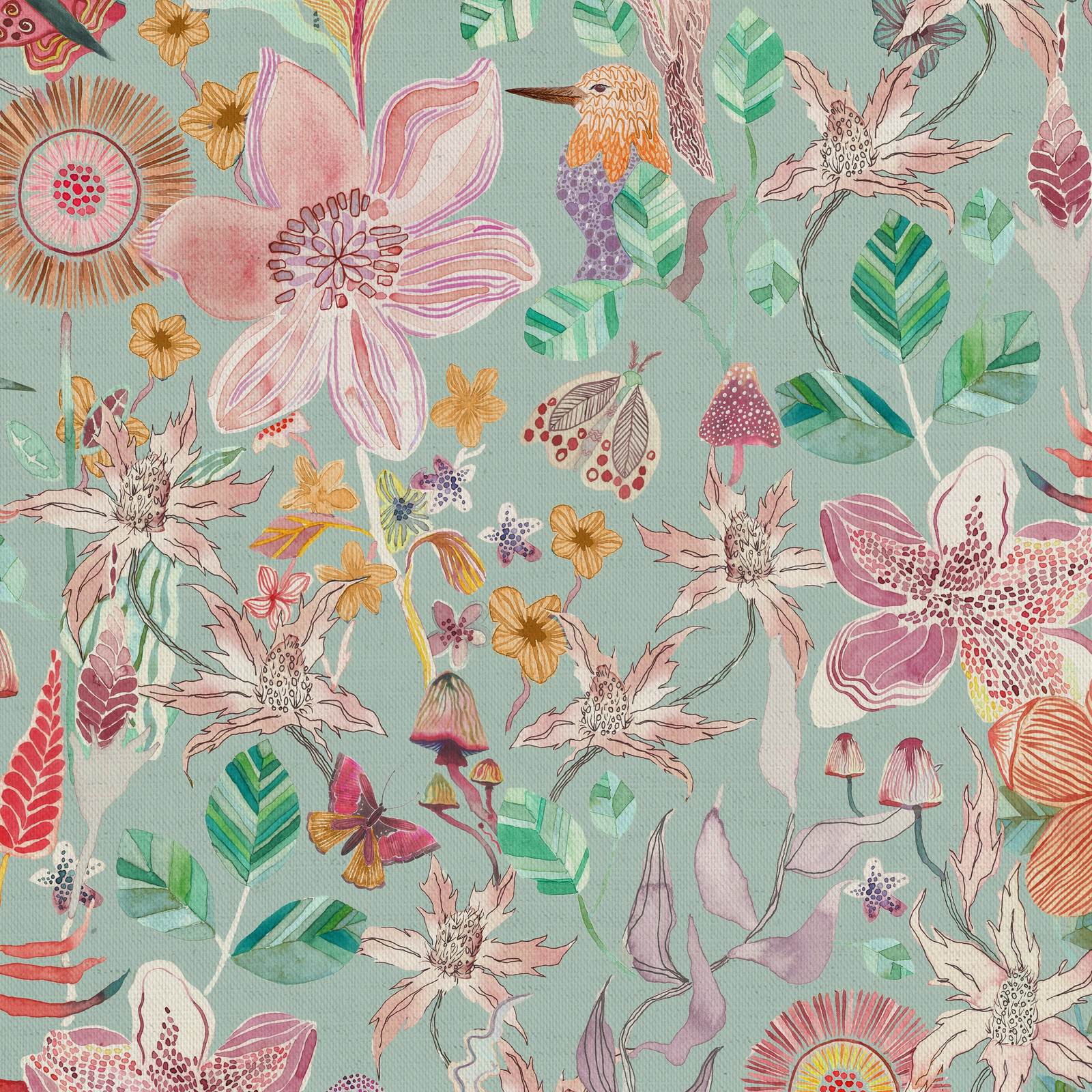 Aqua blue botanical fabric with large painterly flowers and leaves