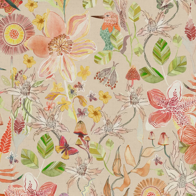 Large-scale botanical print in soft apricot orange, blush and green on a pale ground