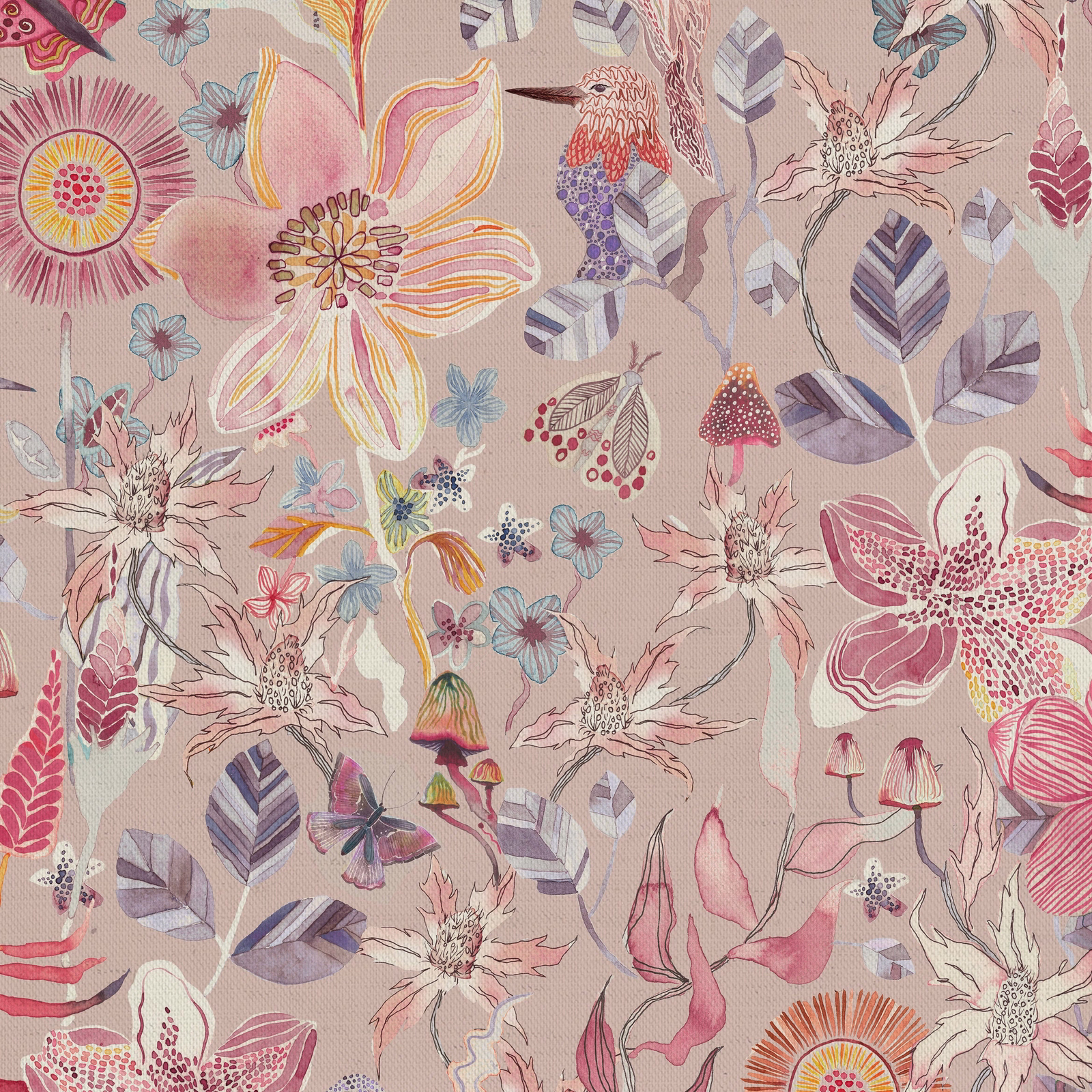 Large floral print on soft primrose pink fabric with lilac leaves and painterly blooms