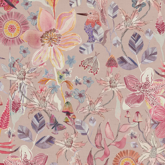 Large floral print on soft primrose pink fabric with lilac leaves and painterly blooms