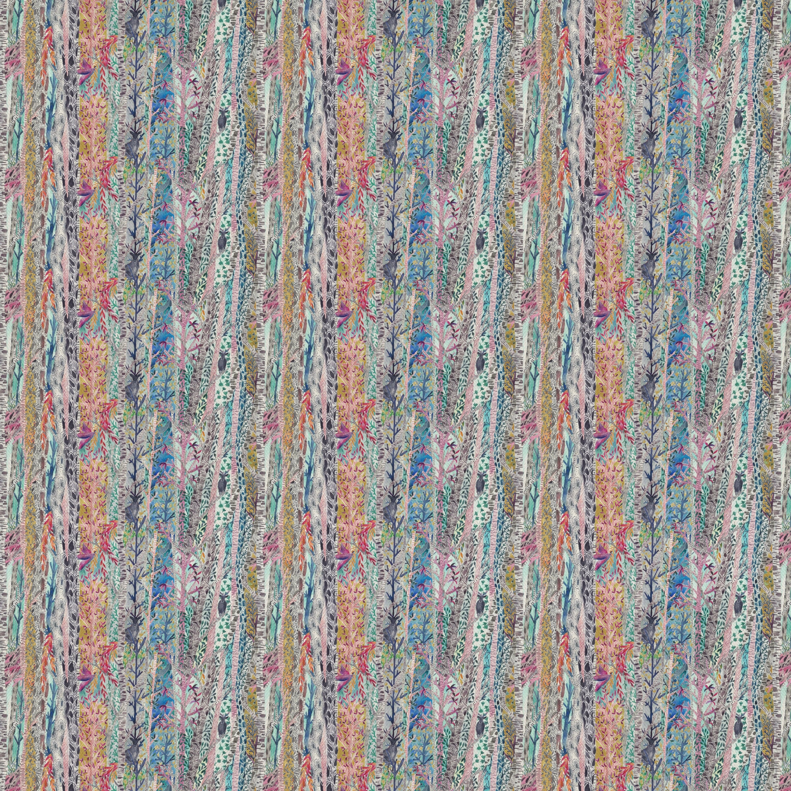 Colourful vertical painterly stripe fabric with leafy marks in pastel tones