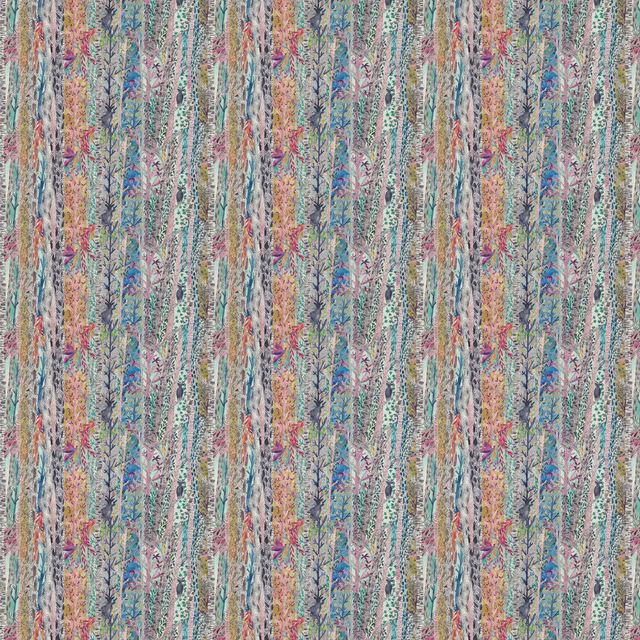 Colourful vertical painterly stripe fabric with leafy marks in pastel tones