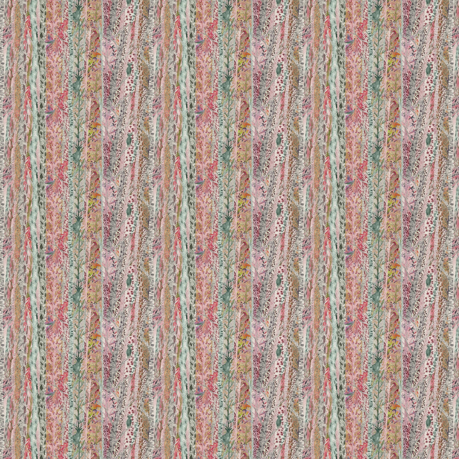 Vertical woodland stripe fabric in blush pink, sage green and soft neutral tones