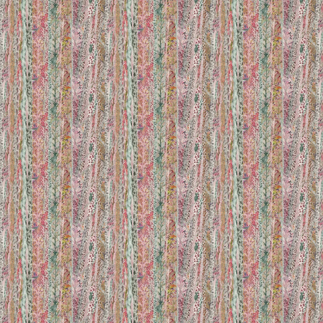 Vertical woodland stripe fabric in blush pink, sage green and soft neutral tones