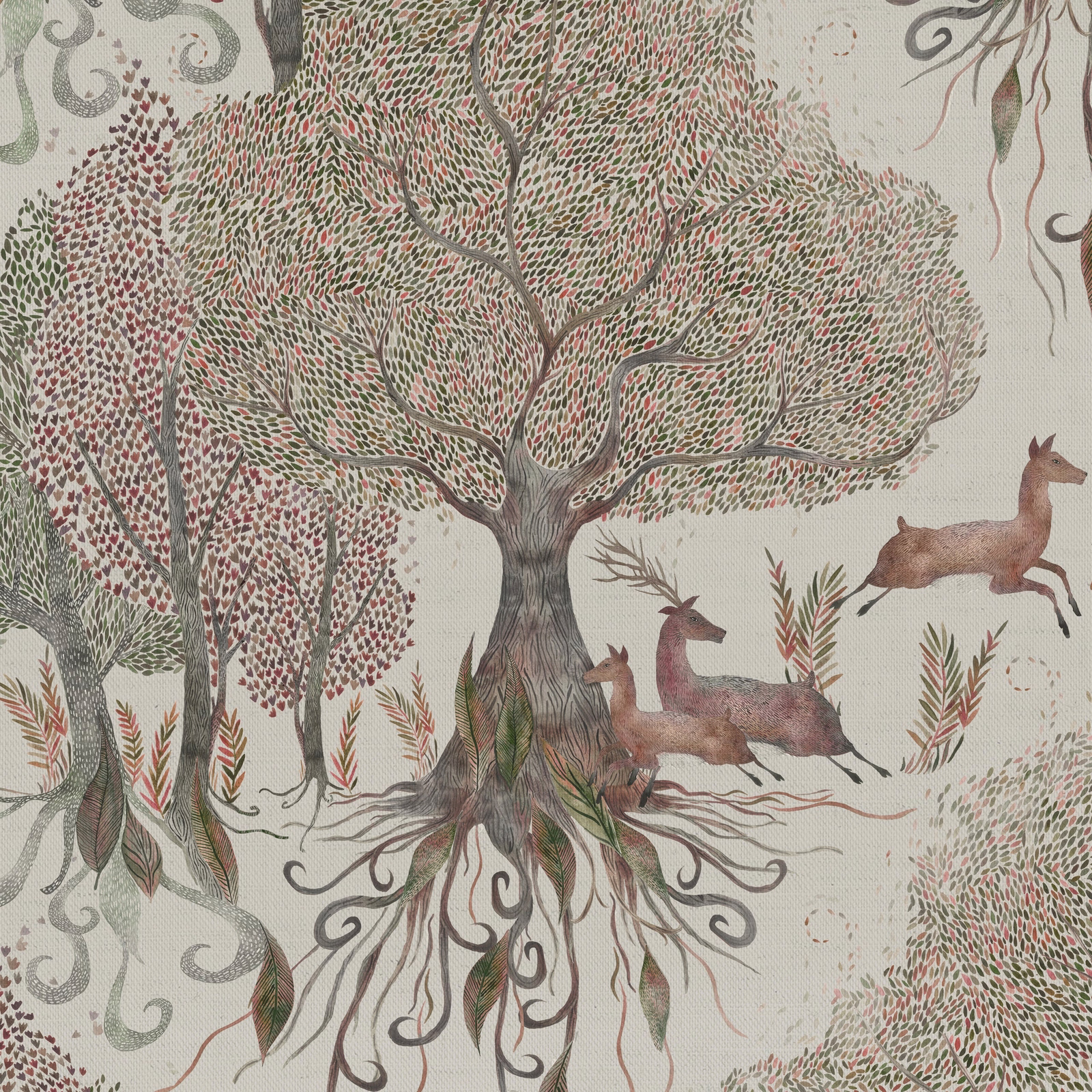 Beige woodland fabric with trees, leaves and deer in a soft printed scene