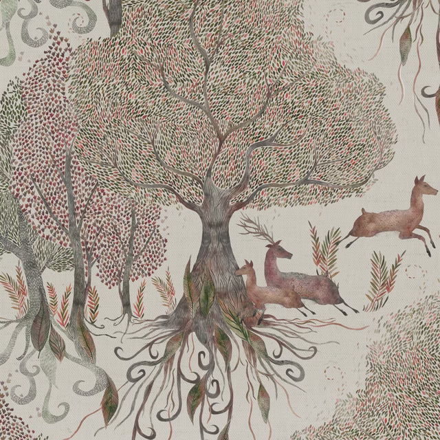 Beige woodland fabric with trees, leaves and deer in a soft printed scene