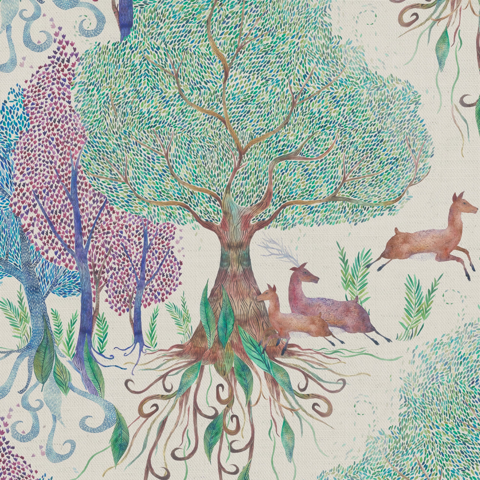 Woodland print fabric with trees, deer and leafy branches in soft multi colours